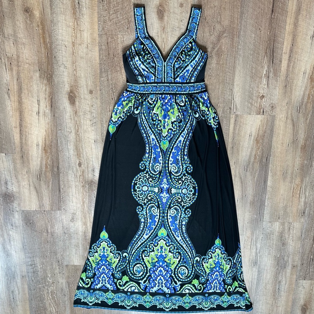 INC International Concepts Black Maxi Dress with Blue and Green Patterns